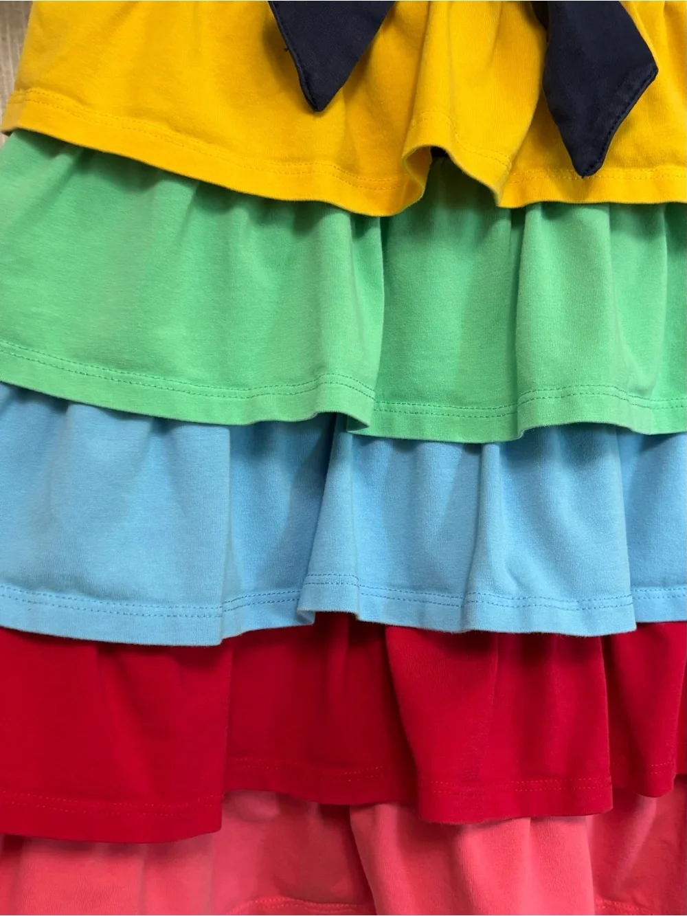 Hanna Andersson 130 Tiered Rainbow Dress Size 8 Navy Bow Short Sleeved